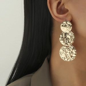 Last! Gold hammered statement drop earrings stud